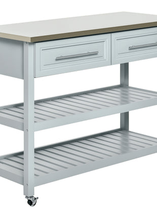 Kitchen Island with Stainless Steel Top, Traditional Kitchen Island with Storage, Butcher Block Cart 2-Tier Open Shelves, Drawers, Light Gray