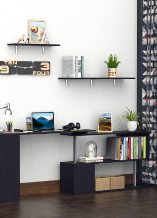 55" 360° Rotating Corner Computer Desk Modern L-Shaped Home Office Workstation with 3-Tier Storage Shelves, Bookshelf, Black