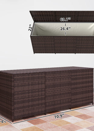 175 Gallon Outdoor Storage Box with Inner Liner, PE Rattan Wicker Deck Box with Pneumatic Bar Lift, Mixed Brown