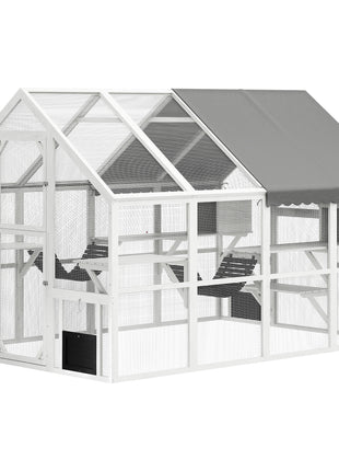 Wooden Catio Outdoor Cat Enclosure with Waterproof Cover, 2 Condos, 6 Platforms, Bridge, Doors, White