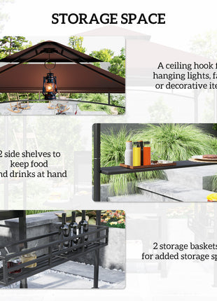 8' x 5' BBQ Grill Gazebo, 2-Tier Outdoor BBQ Gazebo with 2 Side Shelves, Storage Baskets, Ceiling Hook, Dark Brown