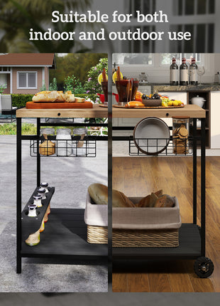 Outdoor Bar Cart Patio Serving Cart with Wine Holders Natural