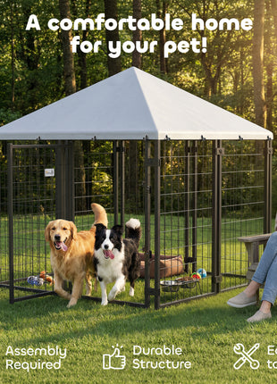 Lockable Dog House Kennel with Water-resistant Roof for Small and Medium Sized Pets, 4.7' x 4.7' x 5.1', Silver