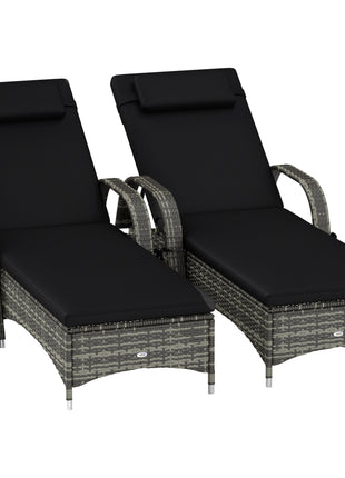 2 Reclining Chaise Lounge Chairs, Rolling Outdoor Chairs with Cushion, Pillow, Headrest, Armrests, and Wheels, Black