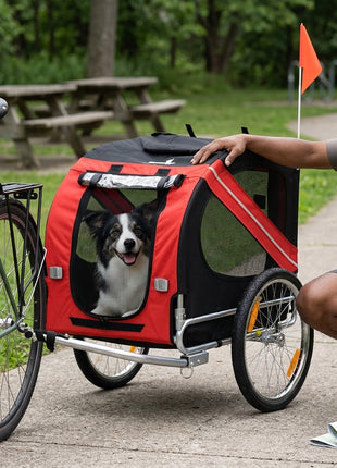 Dog Bike Trailer, Pet Wagon Bicycle Trailer with Easy Folding Cart Frame, 20" Large Rubber Wheels, 3 Entrances, Mesh Screen, Pet Bike Trailer for Off-Road & Travel, Red and Black