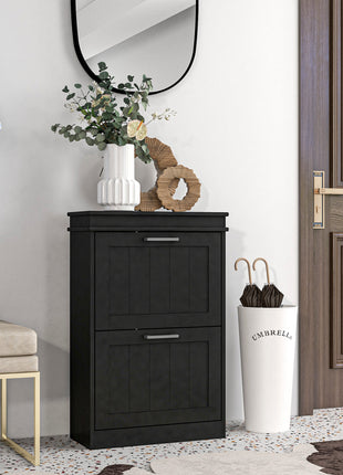 Modern Shoe Storage Cabinet with 2 Flip Drawers for 10 Pairs, Narrow Shoe Organizer for Entryway, Hallway, Black