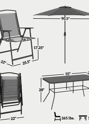 8 Piece Outdoor Dining Set, Patio Furniture Set with Umbrella, 6 Folding Chairs, Rectangle Table and Mesh Seat, Black