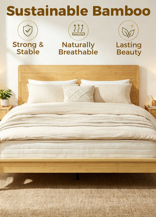 Queen Size Bamboo Platform Bed Frame with Headboard and 12 Poplar Slats, No Box Spring Needed, Easy Assembly, Natural