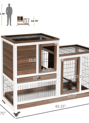 Wooden Rabbit Hutch Elevated Bunny Cage Indoor Small Animal Habitat with Enclosed Run with Wheels, Ramp, Removable Tray for Rabbits, Chickens, Ducks, Guinea Pigs, Brown