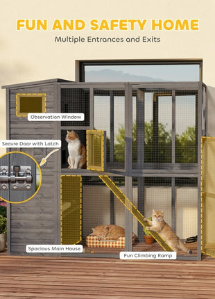 Wooden Outdoor Catio with Platforms, Asphalt Roof, Ramps, Gray