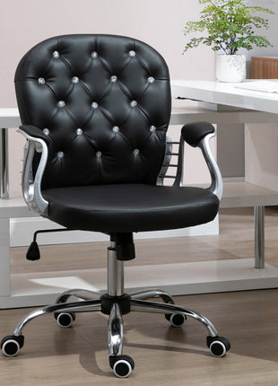Makeup Vanity Chair, PU Leather Computer Task Chair with Button Tufted, Padded Armrests, Adjustable Height and Swivel Wheels, Black