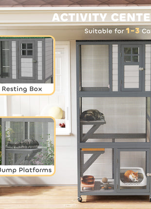 74" Wooden Outdoor Cat House Catio with High Weight Capacity, Cat Cage Condo, Dark Gray