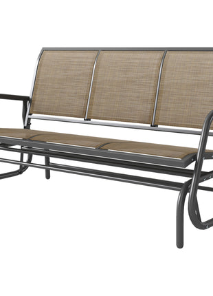 3-Person Outdoor Patio Glider Bench, Porch Glider Swing with 3 Seats, Breathable Mesh Fabric, Metal Frame, Brown