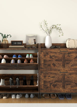 Shoe Cabinet Organizer with 2 Flip Drawers, Legs, Narrow Shoe Storage Cabinet for Entryway, Hallway, Rustic Brown