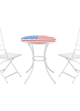 3 Piece Patio Bistro Set, Folding Outdoor Furniture with USA Mosaic Table and Chairs, Portable Metal Frames for 4th of July, Balcony, Backyard, Poolside, Porch, American Flag