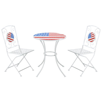 3 Piece Patio Bistro Set, Folding Outdoor Furniture with USA Mosaic Table and Chairs, Portable Metal Frames for 4th of July, Balcony, Backyard, Poolside, Porch, American Flag