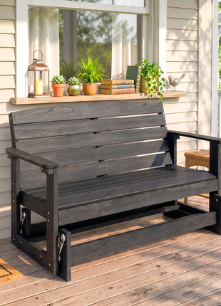 Patio Glider Bench w/ HDPE Slatted Double Rocking Chair, Distressed Black