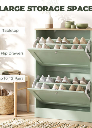Slim Shoe Storage Cabinet, Modern Shoe Cabinet with 2 Flip Drawers and Adjustable Shelves for 8-12 Pairs, Green