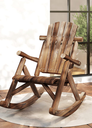 Outdoor Wooden Rocking Chair, Single-Person Adirondack Rocking Patio Chair with Rustic High Back, Slatted Seat and Backrest for Indoor, Backyard, Garden, Carbonized