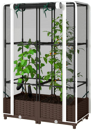 Raised Garden Bed with Trellis, 46.5" Tomato Cage with Crop Cage, Self Watering Planter Box with Drainage Holes, White