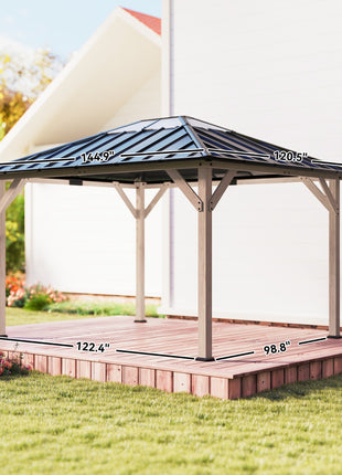 10' x 12' Hardtop Gazebo with Galvanized Steel Roof, UPF50+ Wood Permanent Pavilion with Clear Roof Top, Light Walnut