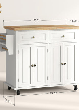 Kitchen Island on Wheels, Rolling Cart with Rubberwood Top, Spice Rack, Towel Rack and Drawers, Cream White