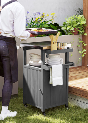 Outdoor Grill Cart with Stainless Steel Top, Solid Wood Outdoor Kitchen Island with Wheels, Integrated Hole, Dark Gray