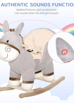 Kids Rocking Chair, Plush Ride On Rocking Horse Donkey with Sound, Wood Base Seat, Safety Belt, Baby Toddler Rocker Toy for 18 - 36 Months, Gray
