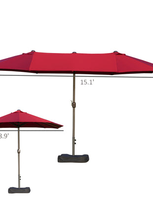 Patio Umbrella 15' Steel Rectangular Outdoor Double Sided Market with base, UV Sun Protection & Easy Crank for Deck Pool Patio, Wine Red