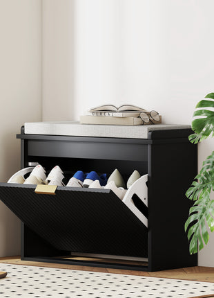 Shoe Storage Bench with Padded Seat Cushion and Flip-Drawer, Entryway Bench, Shoe Cabinet, 24.4x10.2x18.7 Inches, Black