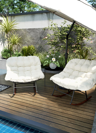 Outdoor Rocking Chair Patio Set of 2, Oversized Rocking Papasan Chairs with Cushions for Garden Porch, 265 lbs., Beige
