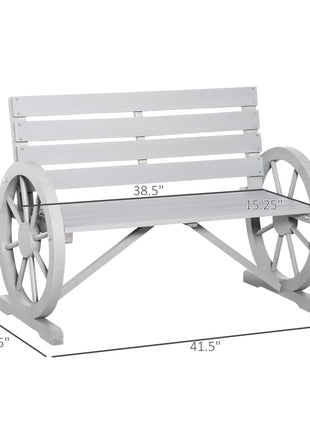 41" Wooden Wagon Wheel Bench, Rustic Outdoor Patio Weather Resistance Furniture, 2-Person Slatted Seat Bench with Backrest, Light Gray
