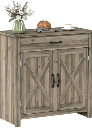 Farmhouse Sideboard Buffet Cabinet, Barn Door Coffee Bar Cabinet with Drawer and Adjustable Shelf for Kitchen, Living Room, Entryway, Gray