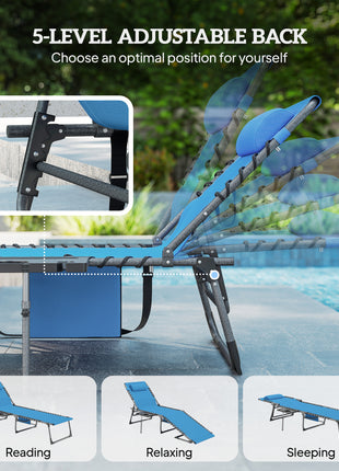 Folding Outdoor Chaise Lounge Chair Tanning Chair with 5-Level Adjustable Back, Side Table, Pillow, Pocket, Blue