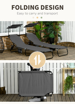 Pool Chaise Lounge Chairs Set of 2, Folding Lounge Chairs with Sunshade, Reclining Back, Steel Frame, Dark Gray