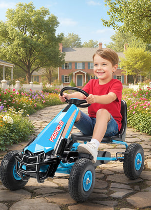 Kids Go Kart, Pedal Car with Adjustable Seat, EVA Wheels, Brake, for Boys & Girls Aged 3-8 Years Old, Blue