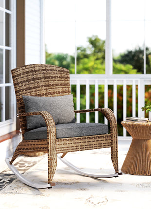Adirondack Chair, Outdoor Wicker Rocking Chair with High Back, Seat Cushion, and Pillow for Porch, Balcony, Gray