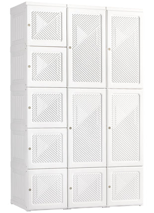 Portable Wardrobe Closet, Folding Clothes Storage Organizer with 8 Cube Compartments, 2 Hanging Rods, 11 Magnet Doors, White