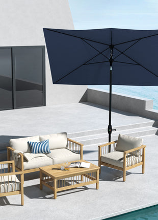 6.5' x 10' Rectangular Market Umbrella, Patio Outdoor Table Umbrella with Crank and Push Button Tilt, Blue
