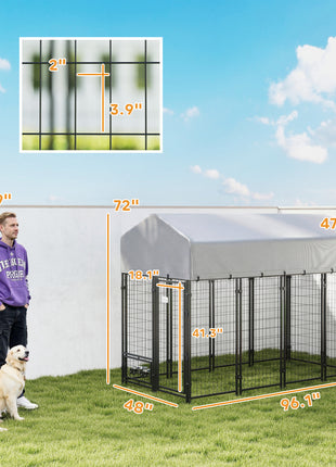 8' x 4' x 6' Outdoor Dog Kennel, Dog Kennel Outside Run with 360° Rotating Bowls, Waterproof & UV Resistant Cover