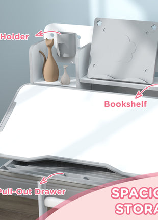 Height Adjustable Kids Desk and Chair Set for Writing Drawing w/ Tilt Desktop, Storage Drawer and Reading Rack, Gray
