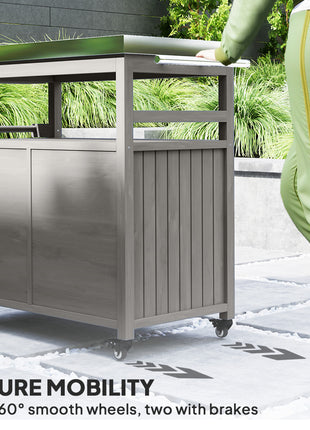 Outdoor Grill Cart w/ Stainless Steel Top, Solid Wood Outdoor Kitchen Island w/ Wheels, Storage Cabinets, Gray