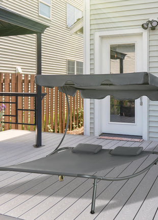 Patio Double Chaise Lounge Chair, Outdoor Wheeled Hammock Daybed with Adjustable Canopy and Pillow for Sun Room, Garden, or Poolside, Grey