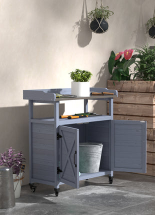 Outdoor Wooden Potting Bench with Storage Cabinet, Aluminum Tabletop, Rubber Wheels for Backyard, Patio, Balcony, Gray