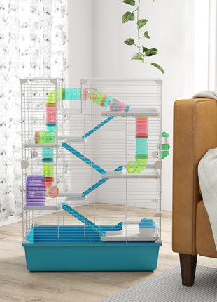 6 Tier Hamster Cage with Tubes and Tunnels, Hut, Wheel, Food Dish, Water Bottle, Ramps, for Dwarf & Gerbil, Light Blue