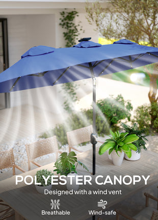 Double-sided Patio Umbrella, 9.7' Outdoor Umbrella with Tilt and Crank, LED Solar Light and 12 Ribs, Navy Blue