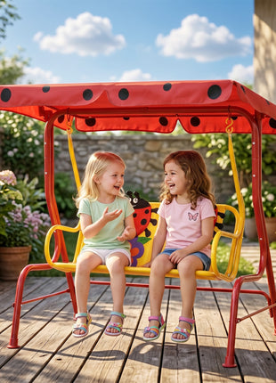 Kids Patio Swing, Adjustable Canopy Swing Glider, Kids Outdoor Swing Chair with 2 Seats, Seat-Belted Safety, Red