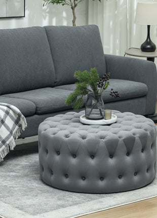 Round Ottoman Coffee Table with Velvet-feel Upholstery, Button Tufted Design and Padded Seat, Dark Gray