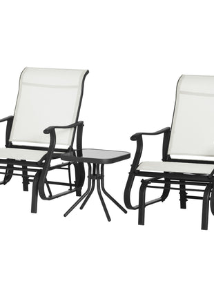 3-Piece Outdoor Gliders Set Bistro Set with Steel Frame, Tempered Glass Top Table for Patio, Garden, Backyard, Lawn, Cream White
