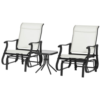 3-Piece Outdoor Gliders Set Bistro Set with Steel Frame, Tempered Glass Top Table for Patio, Garden, Backyard, Lawn, Cream White